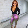Women's Fashion Gradient Button Bright Leather Pencil Pants