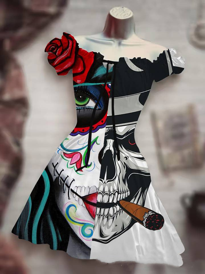 Halloween Print Drawstring Dress With Puffy Sleeves
