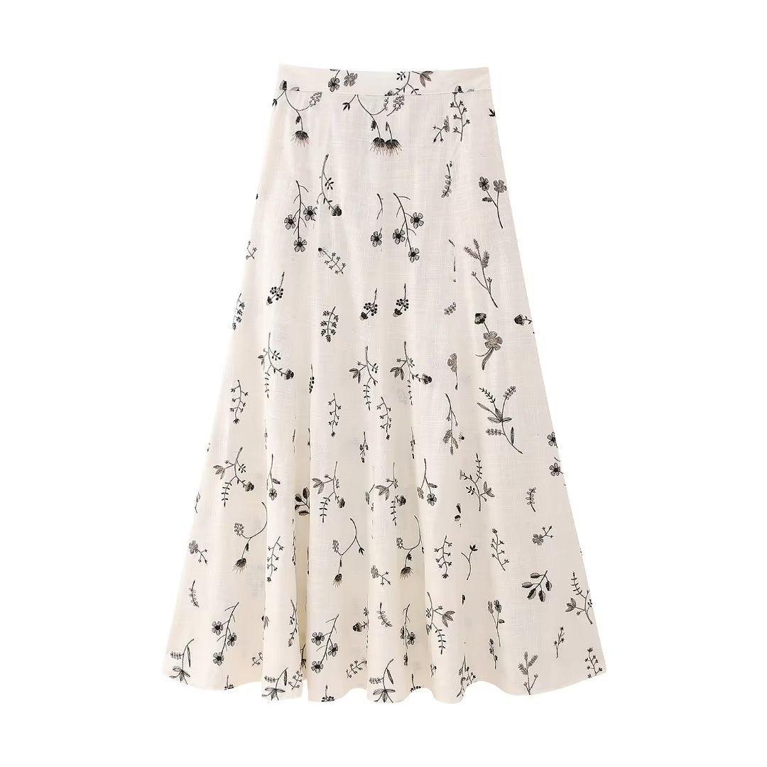 Summer New Embroidered Linen Blended Top Long Skirt