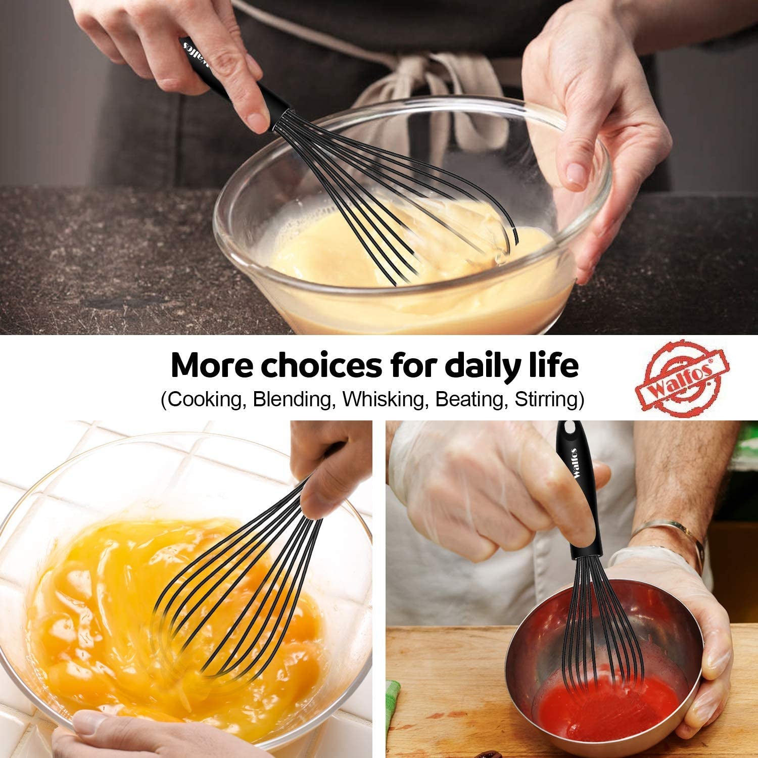 Silicone Whisk,Stainless Steel Wire Whisk Set of 3 -Heat Resistant 480°F Kitchen Whisks for Non-Stick Cookware,Balloon Egg Beater Perfect for Blending,Whisking,Beating,Frothing & Stirring,Black