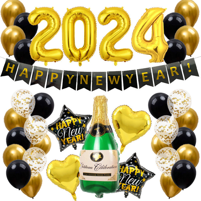 2024 New Year Party Balloon Set Wine Bottle Flag 32-inch Digital Balloon Combination Decorative Set