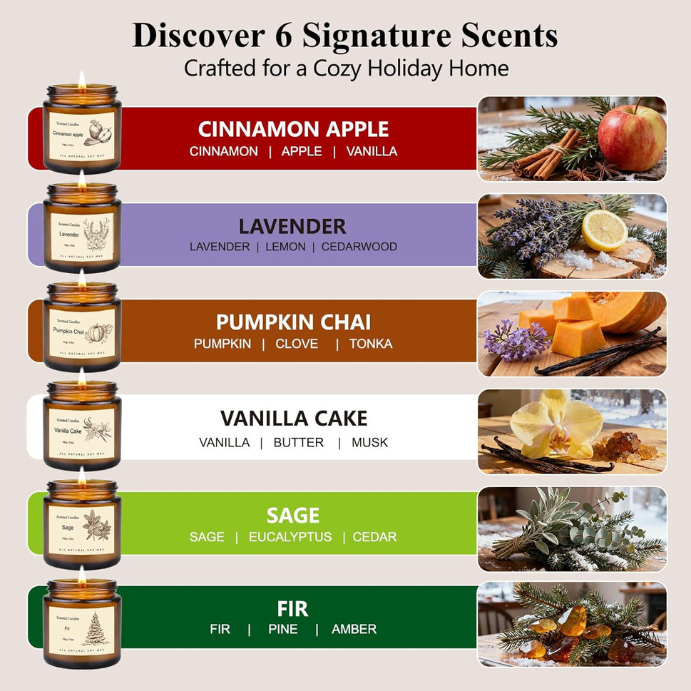 6 Pack Candles for Home Scented,Long Lasting Soy Candles for Home,Holiday Scented Candle Gift Set with Cinnamon Apple,Pumpkin Chai&Vanilla,Natural Aromatherapy Candles,Holiday Gifts for Women