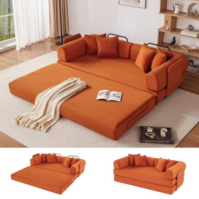 79" Oversized Boneless Couch with 4 Pillows,5 in 1 Convertible Sleeper Futon Sofa Bed with Deep Seat,Corduroy Foldable Modular Floor Pull Out Couch for Living Room,No Assemble