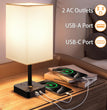 Table Lamp Dimmable  USB Bedside Table Desk Lamp with 2 USB Charging Port(A+C) 2 Outlet,Nightstand Lamp with Charger Base White Fabric Shade,Led Touch Lamp for Bedroom/Livingroom/Dorm/Home Office