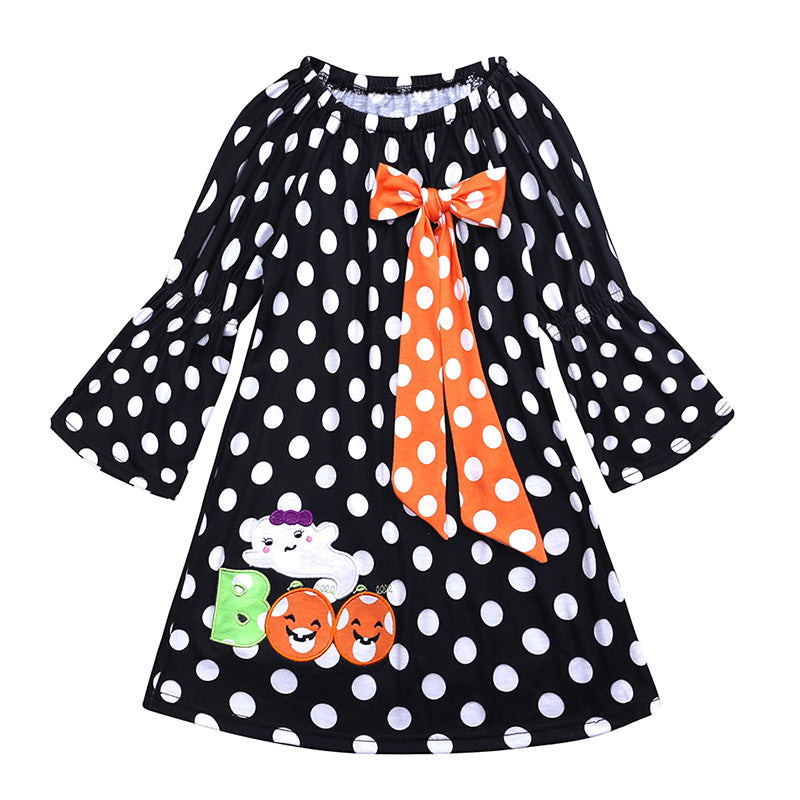 Long Sleeve Girls Halloween Dress Black Pumpkin Ghost