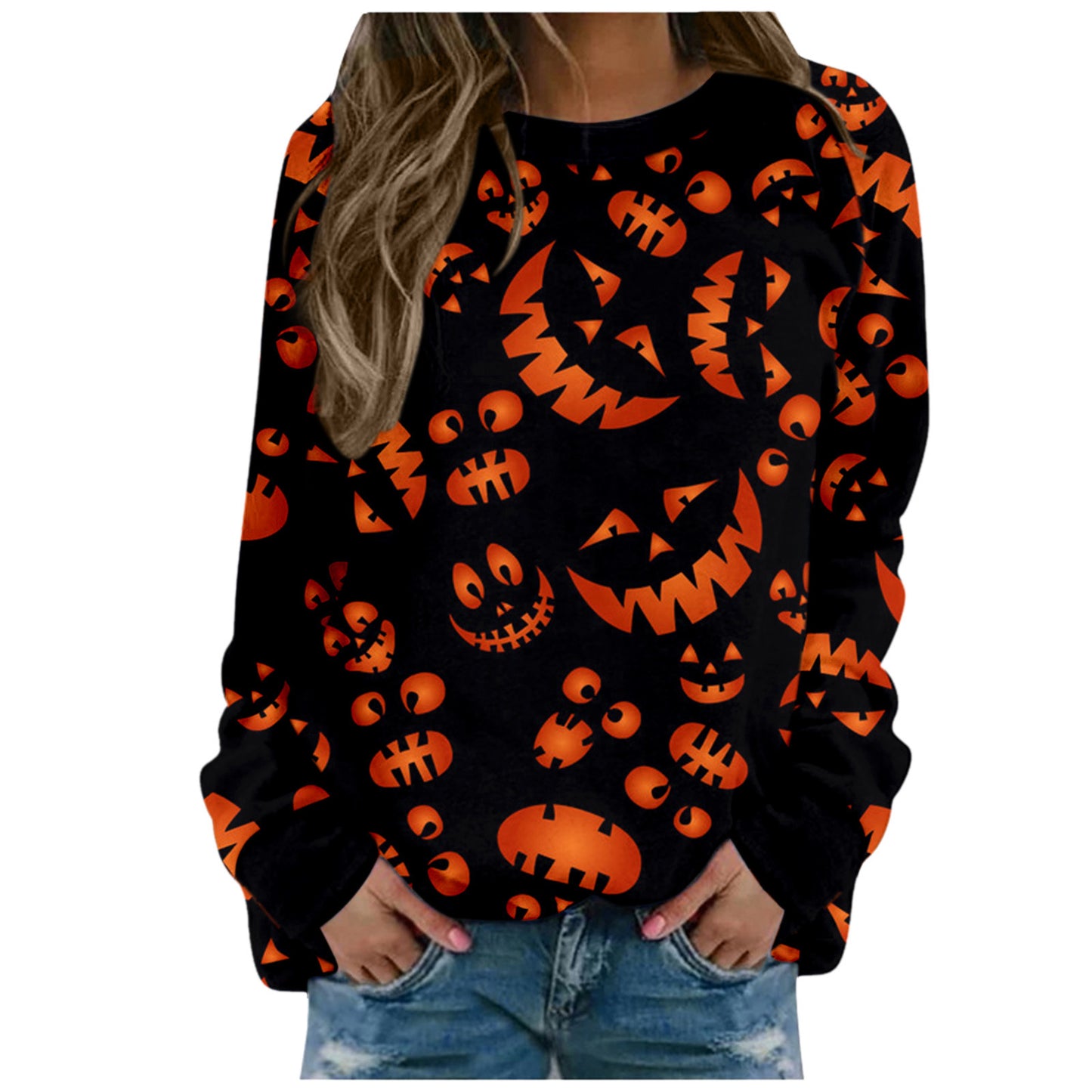 Halloween Pumpkin Head Bat Funny Sweater Women's Round Neck Pullover Print Long Sleeve