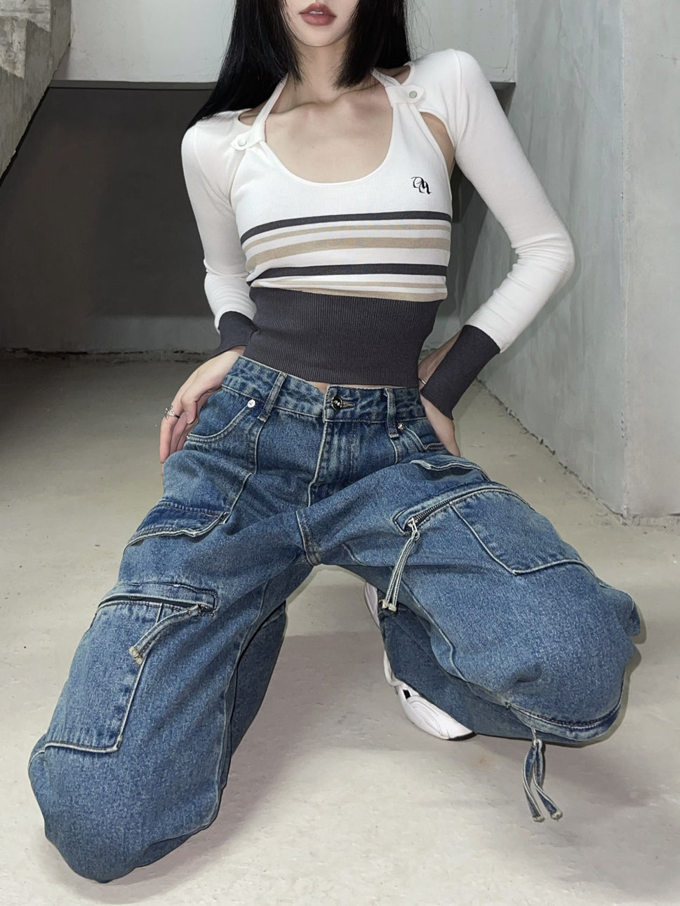 Cargo Pocket Straight-leg Denim Trousers