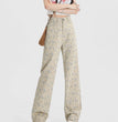 Vintage Floral High Waist Jeans Women's Wide Leg Straight Casual Pants