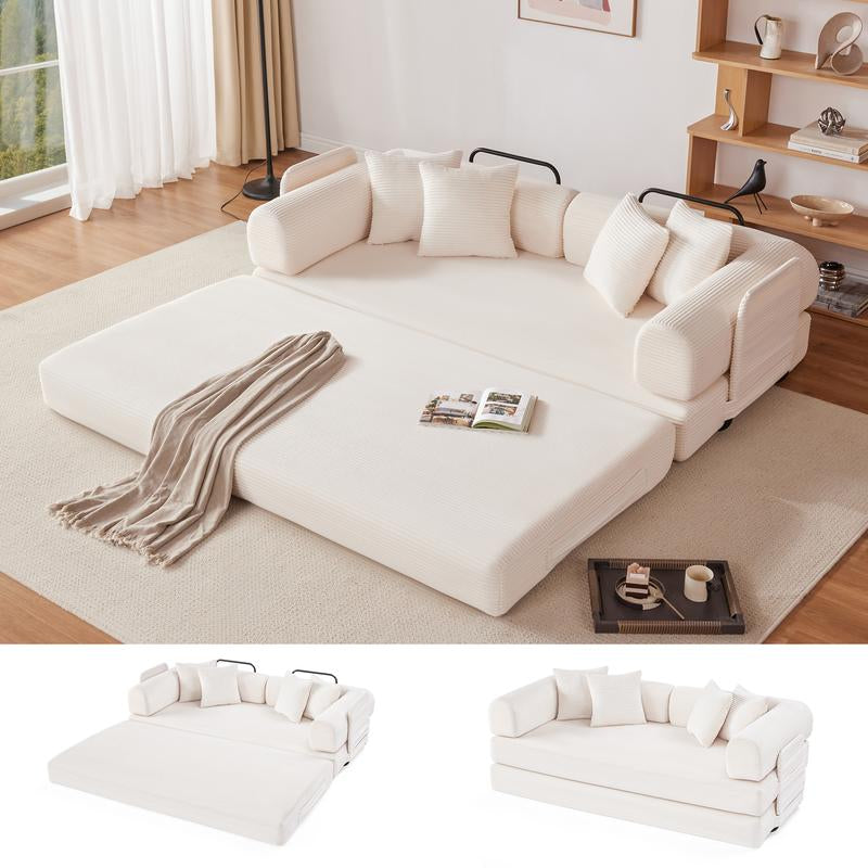 79" Oversized Boneless Couch with 4 Pillows,5 in 1 Convertible Sleeper Futon Sofa Bed with Deep Seat,Corduroy Foldable Modular Floor Pull Out Couch for Living Room,No Assemble