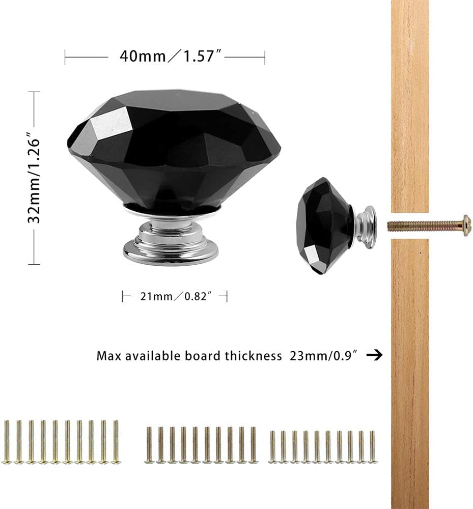 10 PCS Diamond Crystal Glass Pull Handle Cabinet Knobs Cupboard Drawers Cabinet Dresser Bookcase Wardrobe (40Mm, Black)