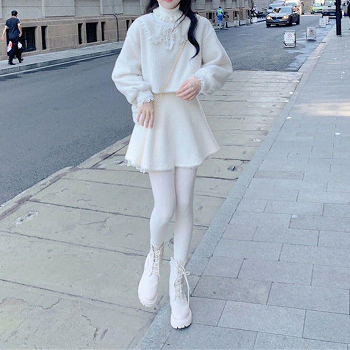 Cute Youth-looking Cute Furry Skirt Lace Stitching High Waist Slimming A- Line Skirt