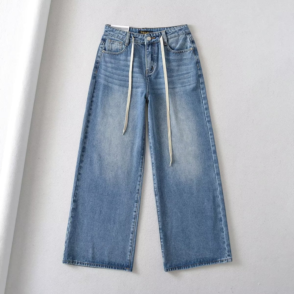 New High Waist Drawstring Ribbon Casual Loose Straight Jeans