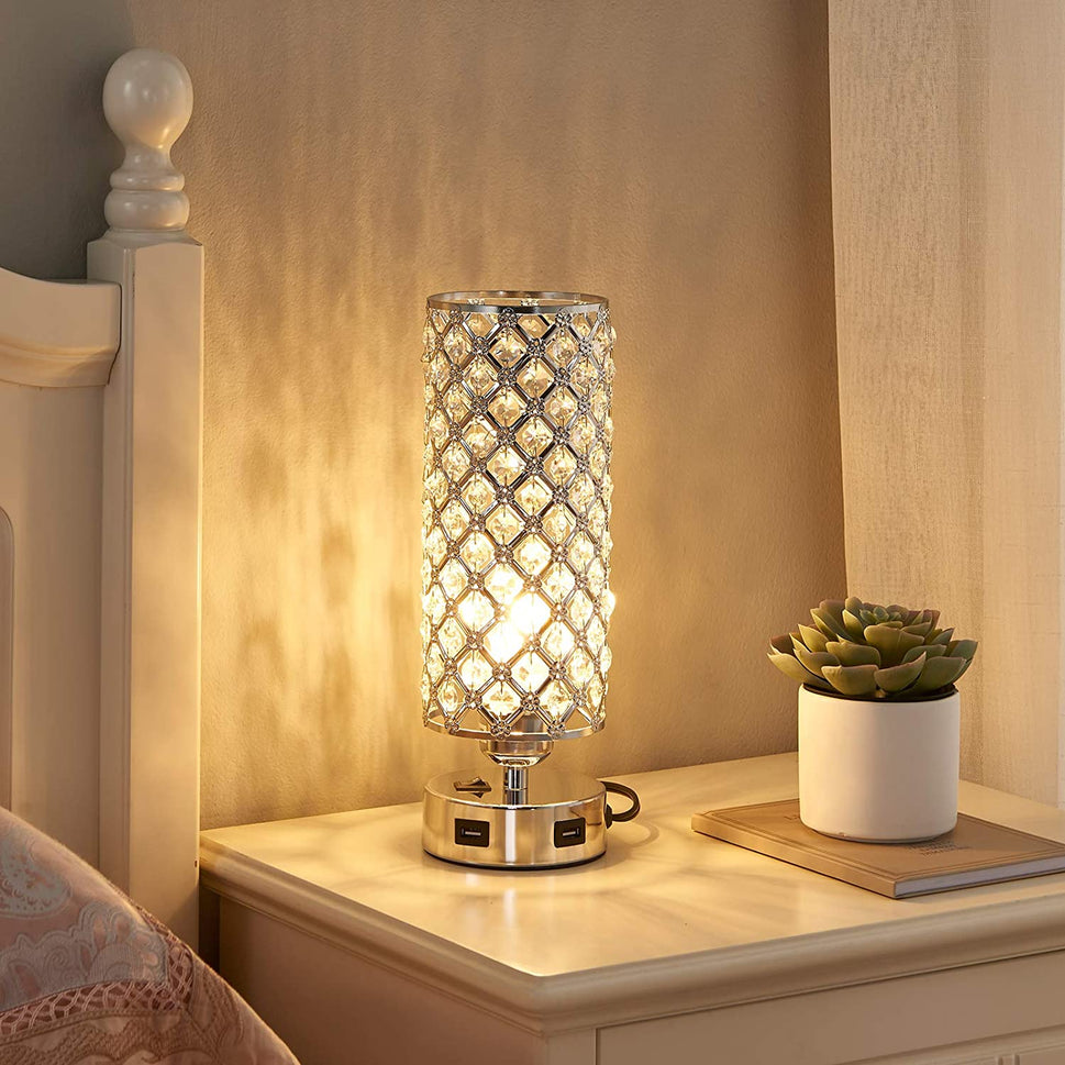 USB Crystal Table Lamps Bedside Lamps Set of 2, Modern Nightstand Lamps with Dual USB Charging Ports, Glam Bedroom Lamps Table Lamps for Bedroom, Living Room, Study Room and Office (Set of 2)