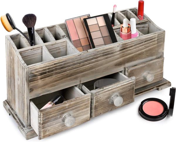 Rustic Wooden Vanity Organizer with 3 Drawers