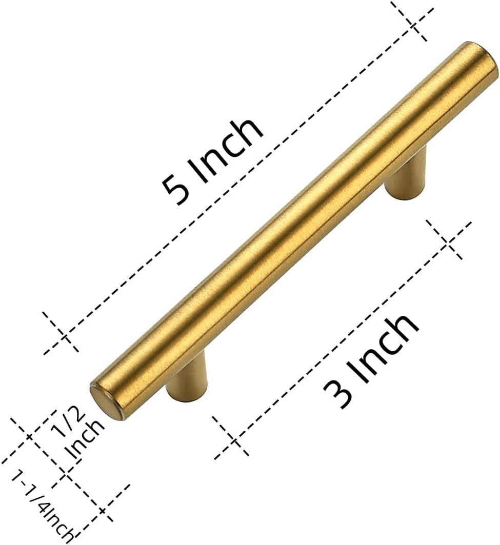 10 Pack 5 Inch Cabinet Pulls Brushed Brass Stainless Steel Kitchen Drawer Pulls Cabinet Handles 5”Length, 3” Hole Center
