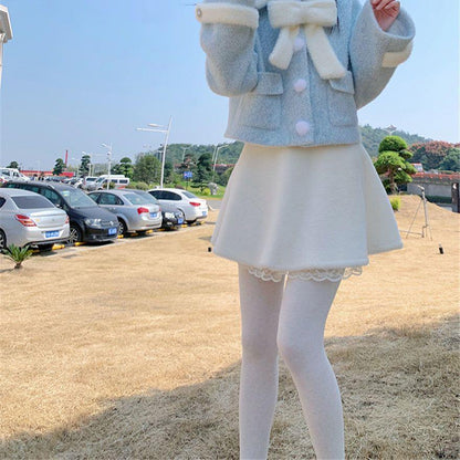 Cute Youth-looking Cute Furry Skirt Lace Stitching High Waist Slimming A- Line Skirt