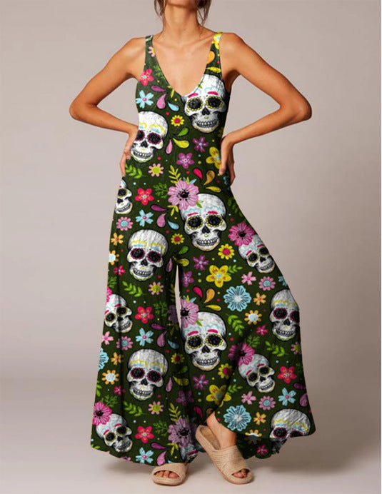 Women's Halloween Skull Fashion Print Jumpsuit