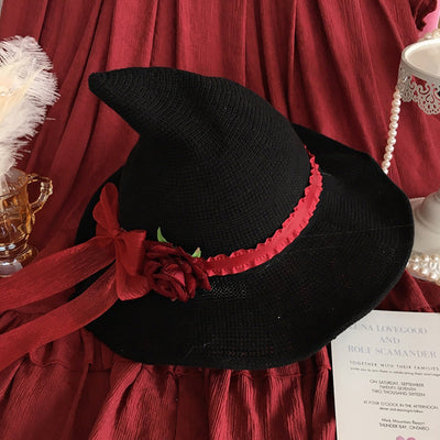 Lolita Velvet Witch Hat Halloween Wide Brim Rose Witch Hat