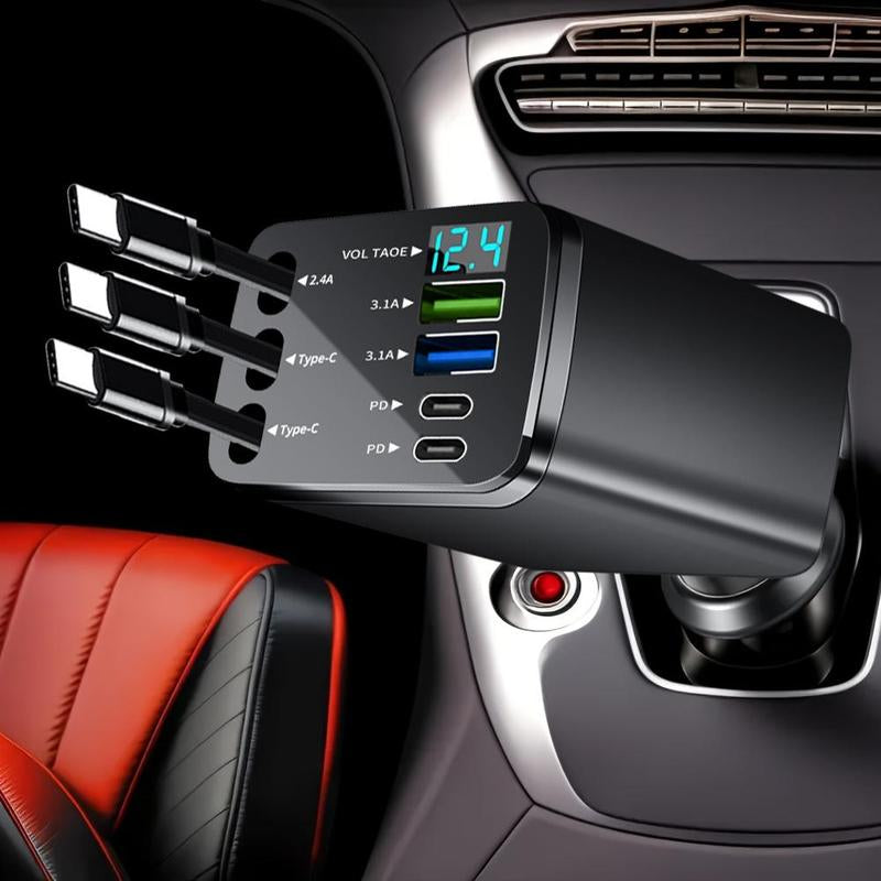 Nuokaiqi Car 8-In-1 Fast Charger with 3 Retractable Cables, 180° Direction Adjustment, LED Display, Compact Design, Premium Materials, Ideal for Road Trips