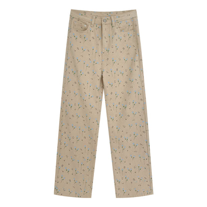 Refreshing Retro Small Floral Casual Loose Fitting Straight Tube Light Colored High Waisted Jeans For Women