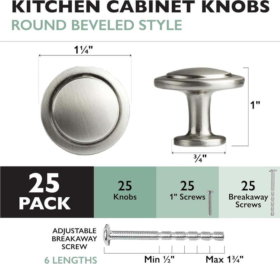 25 Pack Satin Nickel 1 1/14 Inch round Kitchen Cabinet Knobs, round Drawer Knob for Cabinets Dressers Drawers - Satin Nickel Kitchen Cabinet Hardware