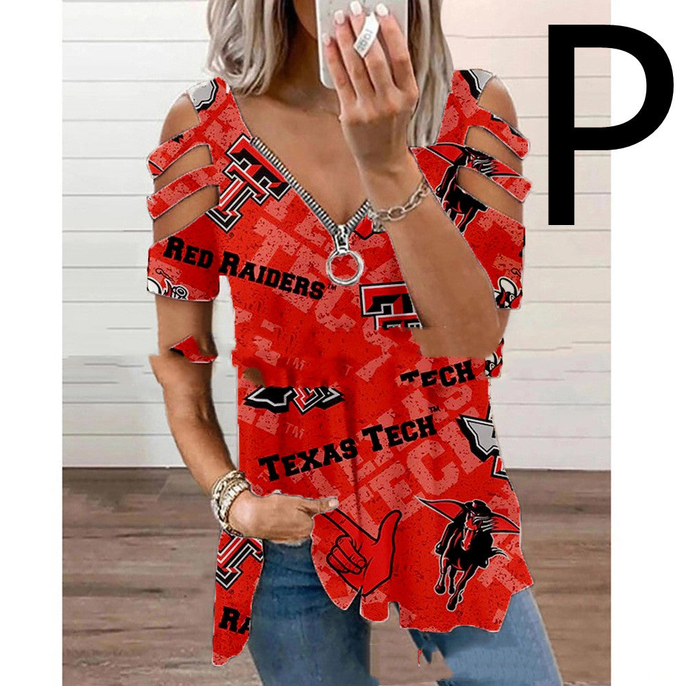 Halloween Theme Digital Printing Hollow V-neck Long-sleeved T-shirt