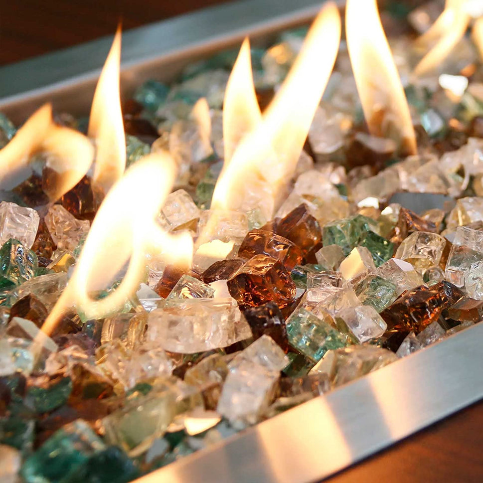 Fire Glass Mixed Color for Fire Pit, 1/2 Inch 10 Pounds Reflective Tempered Glass Rocks for Natural or Propane Fireplace, Safe for Outdoors and Indoors Fire Pit, Ultra White, Evergreen, Copper