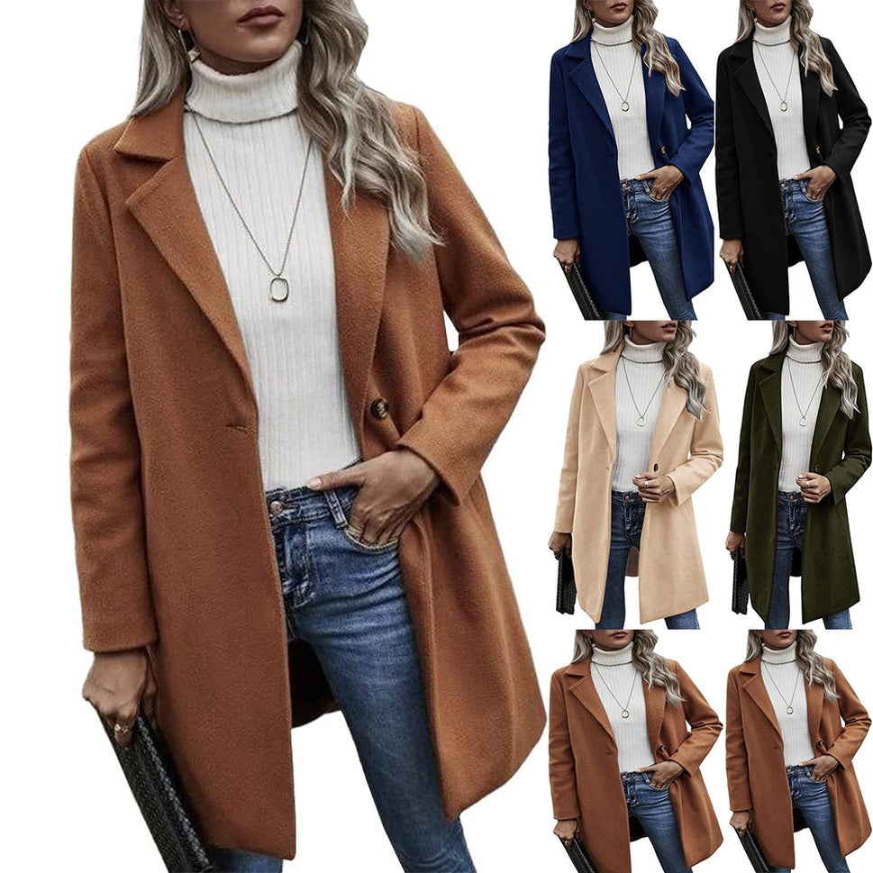 Button reversible trench coat Women's solid color pocket loose long sleeve woolen coat coat