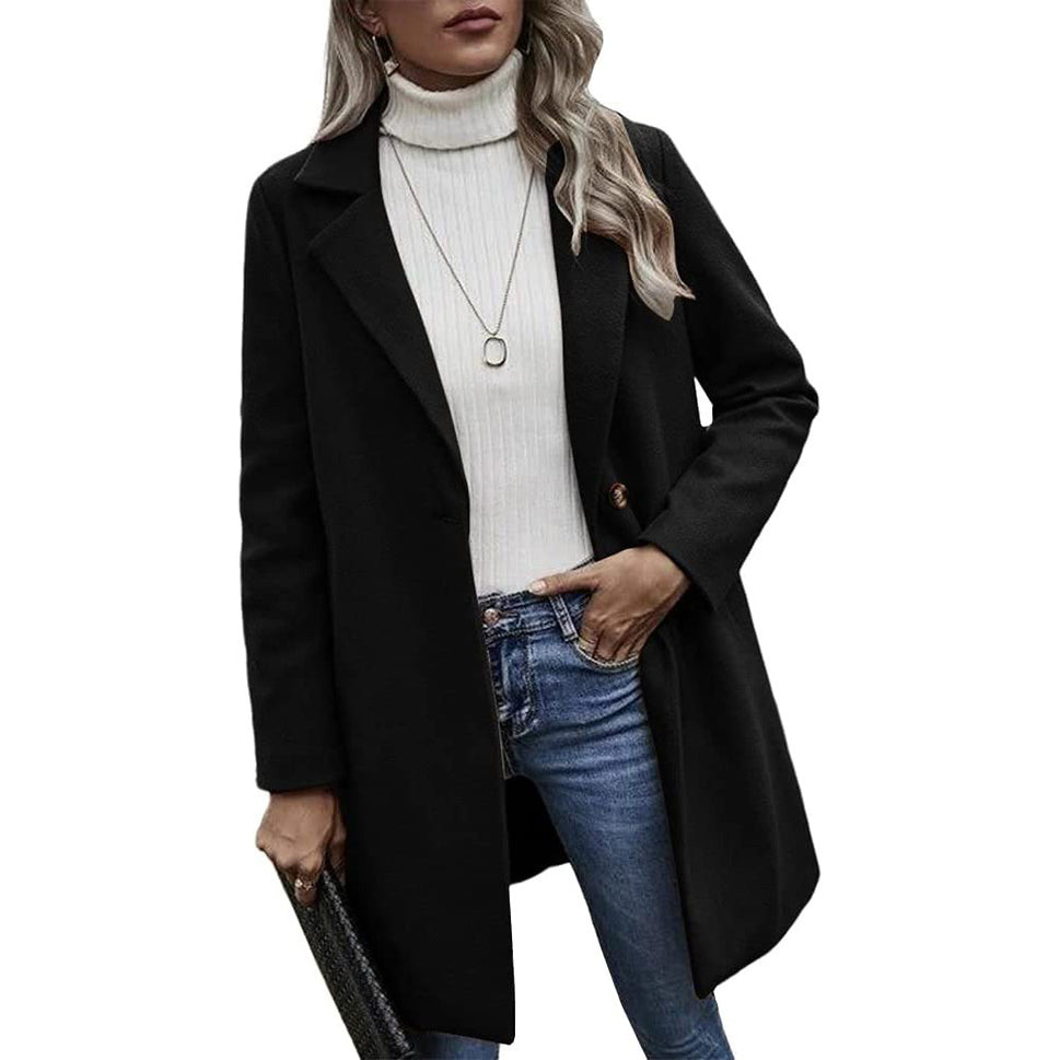 Button reversible trench coat Women's solid color pocket loose long sleeve woolen coat coat