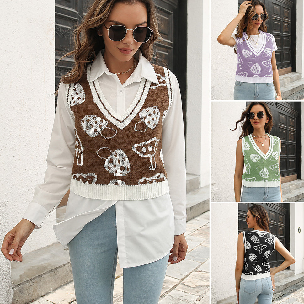 Mushroom jacquard diamond vest sweater